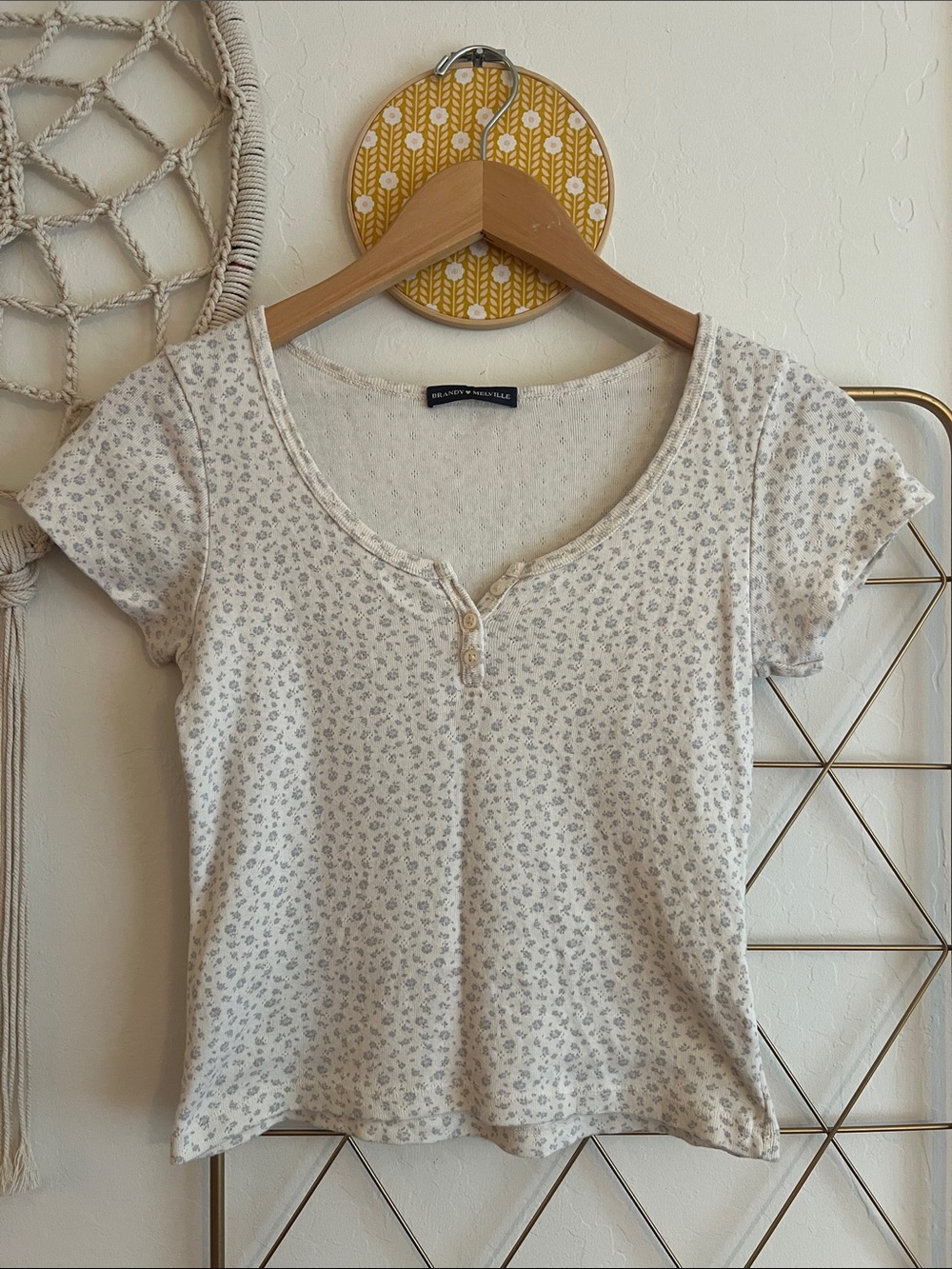 Brandy Melville Cream Floral Henley Scoop Tee